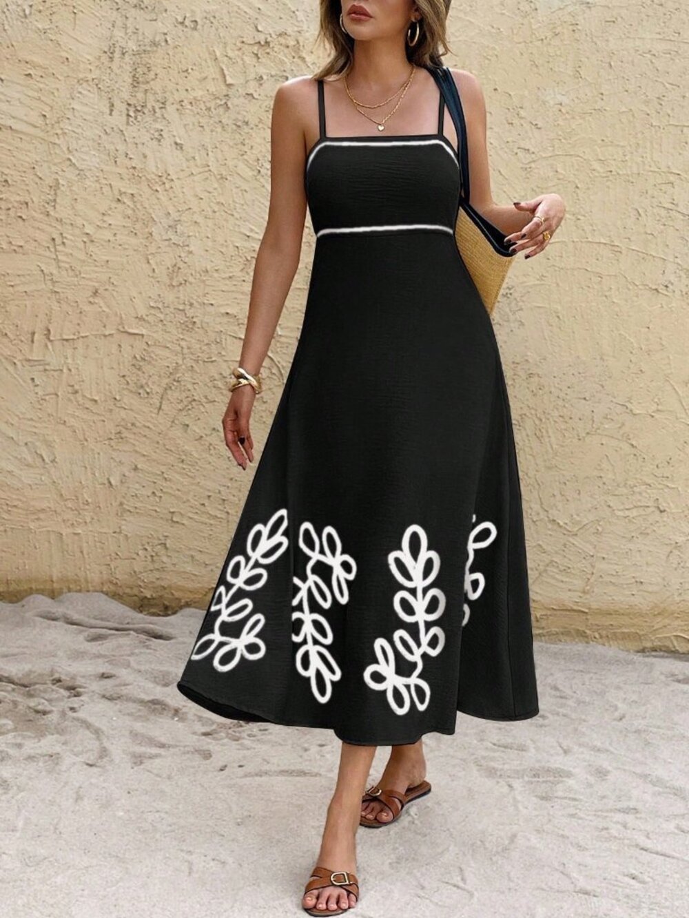 Black Elegant Women's Contrast Print midi Dress - Picture 7 of 7